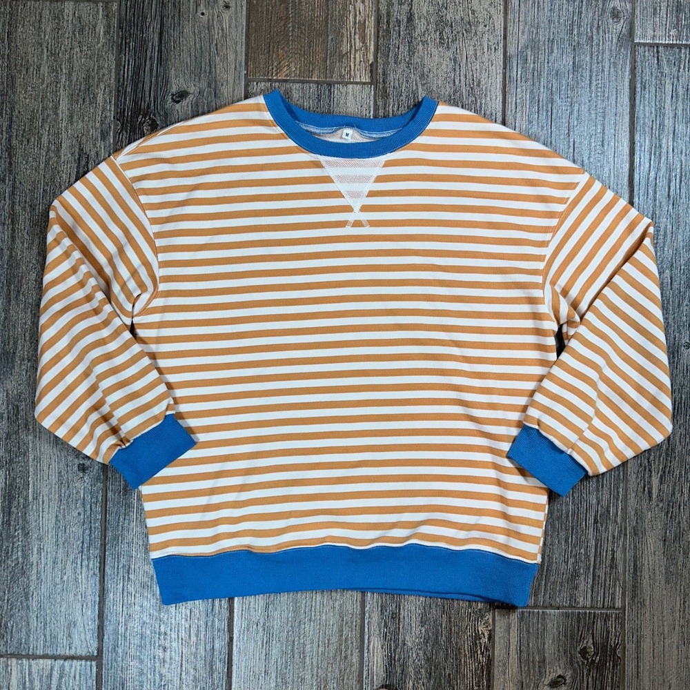 Striped‎ Crew Neck Sweatshirt Top Pullover Casual Comfy Blue Orange Womens